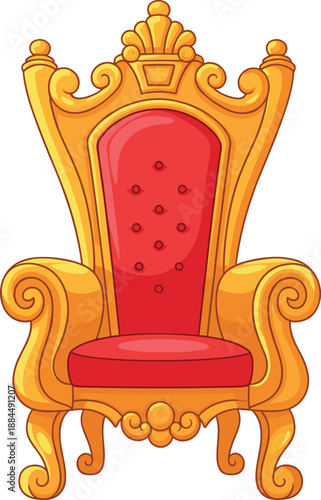 Golden royal throne chair vector illustration with red cushion for king queen luxury design