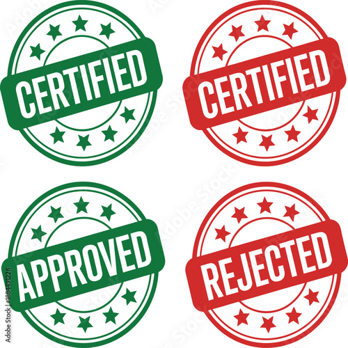 Four circular rubber stamps display certified and approved green versus rejected.