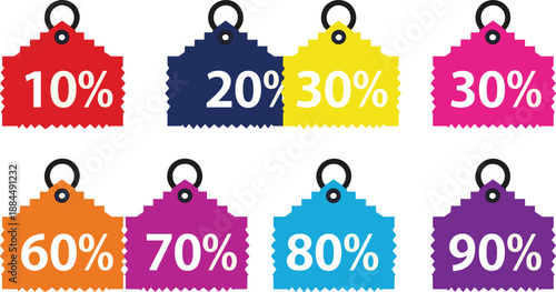 Set of colorful discount price tags with percentage numbers from 10 to 90 for retail sale promotions.