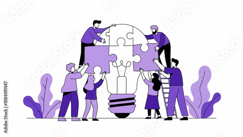 Six purple-clad individuals collaborate on a jigsaw puzzle, symbolizing teamwork and collective problem-solving in a white backdrop