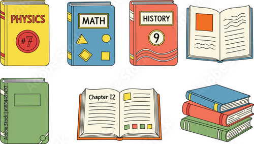 Set of school textbooks for physics math and history with open books and stacked volumes for education concepts.