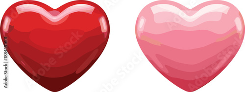 Two glossy 3D heart icons in red and pink with shiny reflections for romance love and Valentine's Day.