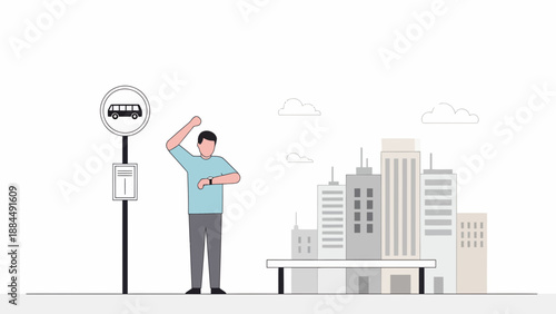 Waving Man Near Parking Meter in Urban Cityscape, Illustrating Skyscraper Building Skyline from Street View with Gesture on Sidewalk