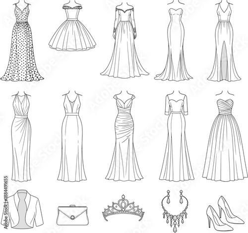 Professional vector icons of formal gowns evening dresses and luxury bridal fashion accessories for event planning.