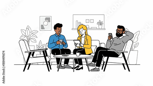 Three people discussing project at a living room table, man holding phone, woman wearing hijab, laptop on table – cartoon illustration