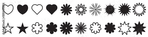 Black Abstract Shape Collection with Hearts, Flowers, Stars and Sunburst Vector Icons