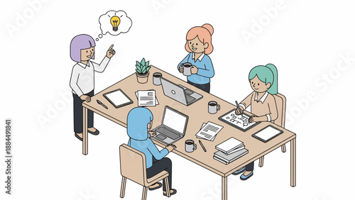 Team of people brainstorming at a large L‑shaped office table with laptops, pens, and a lightbulb idea bubble in a collaborative workplace setting