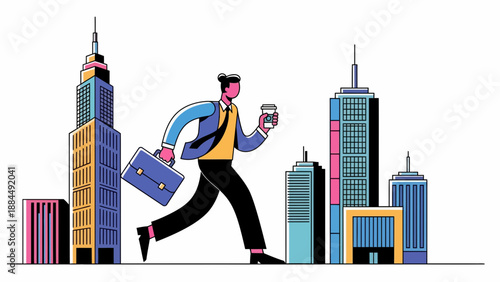 Cartoon businessman walks toward city skyline carrying briefcase and coffee cup, bright colors and bold lines create energetic modern workplace scene