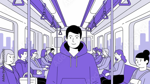 Man Stands in Subway with Purple Hoodie Amidst Passengers, Window Shows Daytime City Train Scene