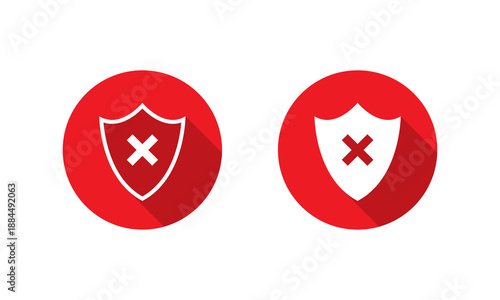 Shield with cross mark icon. Security error, protection disabled, and access denied symbol with long shadow