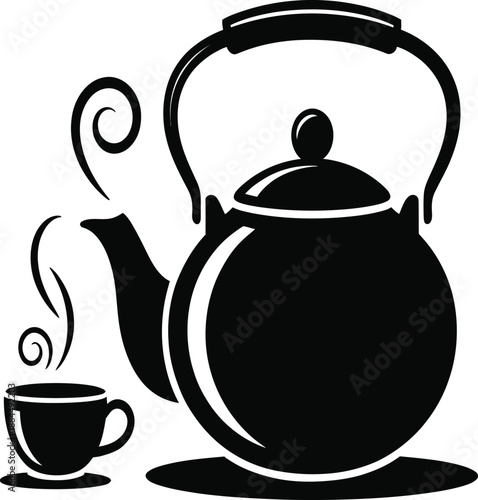 Steaming black kettle sits beside a small cup on a white background indicating hot.