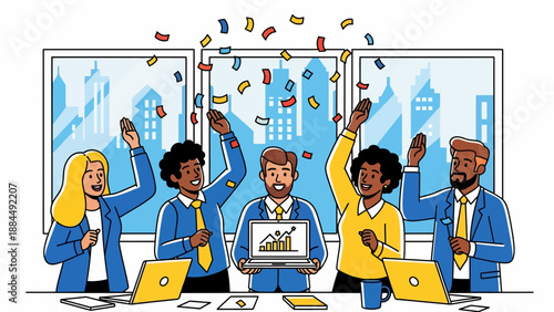 Five Business People Celebrate in Front of a Large Window with Laptops and Confetti over Cityscape