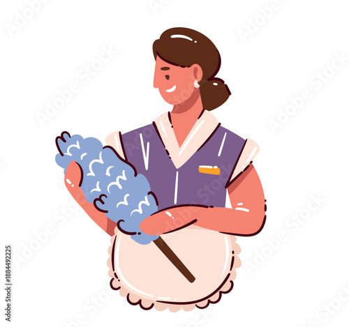Smiling cleaning maid holding feather duster, housework women character in uniform with apron, simple domestic cleaning concept, everyday service illustration in cartoon style, vector illustration.
