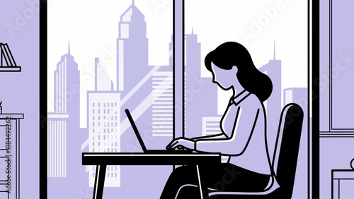 Focused Woman Working on Laptop in Window View of Cityscape, Desk Scene