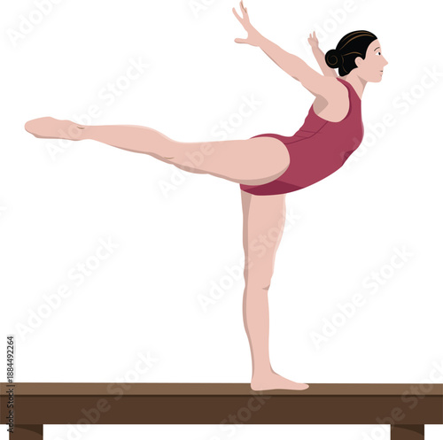 A focused female gymnast wearing a maroon leotard, performing a balanced scale pose on a wooden balance beam