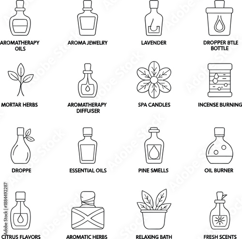 Professional vector icons for aromatherapy essential oils holistic wellness products and spa treatment services.