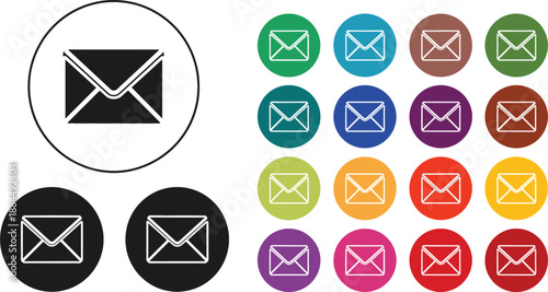 Email envelope icon set featuring flat web mail symbols in various colorful circles for contact us buttons and newsletter communication design isolated on white.