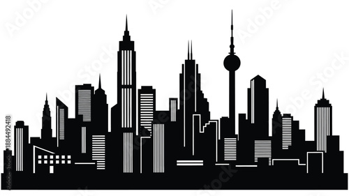 a striking black and white skyline illustration featuring tall buildings and a distinctive silhouette