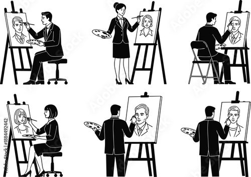 Portrait artist illustration set, male and female painters drawing faces on easel, art studio scenes, professional sketching workflow