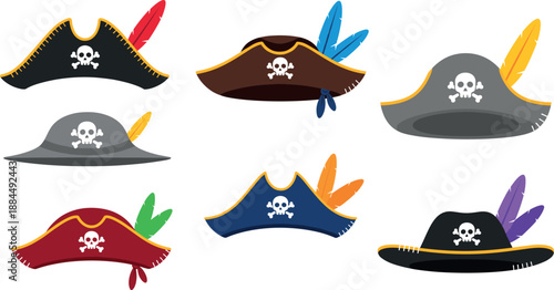 Colorful pirate hat vector set with skull symbols and feathers for cartoon adventure design