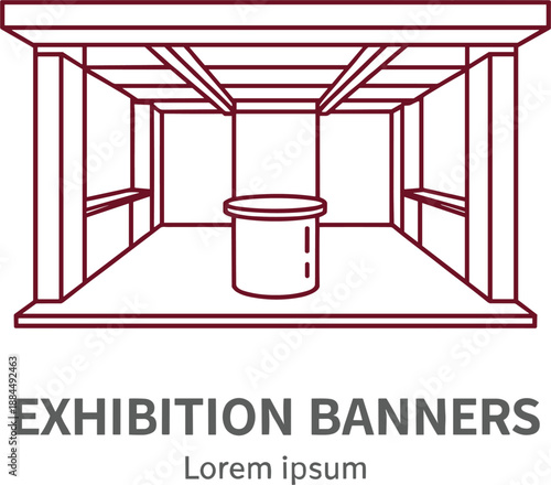 : Professional medical line art illustration of exhibition banners and trade show display stand concepts.