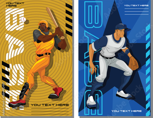 Baseball Batter and Fielder fearuring Batter in yellow/orange, fielder in blue/white, "BASE" vertical typography
