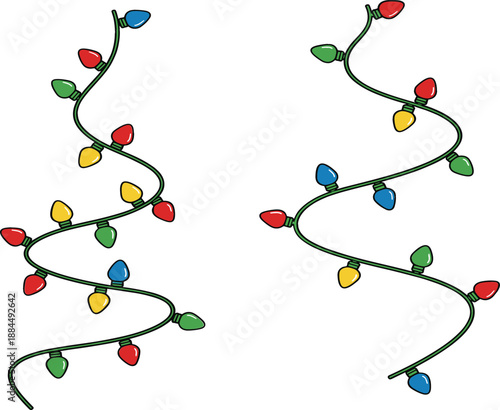 Christmas light strings vector illustration featuring colorful festive holiday bulbs on a wavy green wire for winter celebration and party decoration isolated on white.