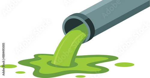 Industrial pipe pours bright green viscous liquid onto a white surface below.