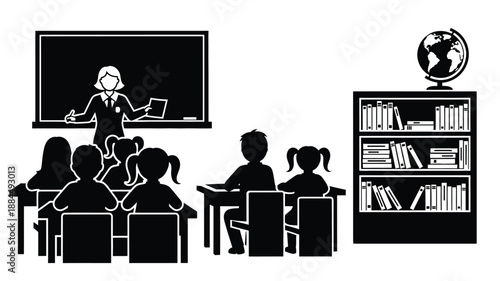 classroom scene with a teacher and students depicted in a striking silhouette