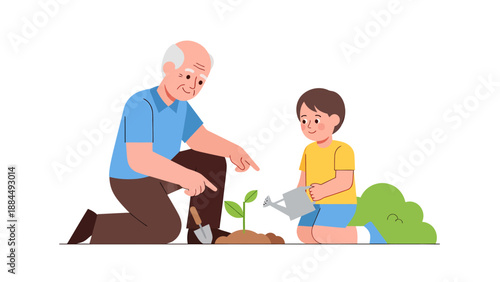 Generations Planting Together A Grandfather and Grandson Nurturing a Sapling in the Garden