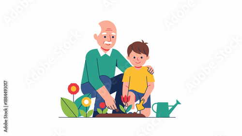 Grandfather and grandson happily gardening together, planting flowers and enjoying a shared hobby outdoors