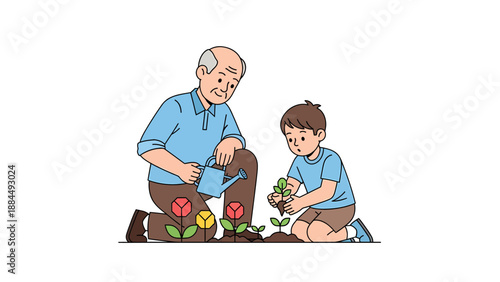 Intergenerational Gardening Grandfather and Grandson Nurturing Plants, Sharing Wisdom, and Growing Bonds Together