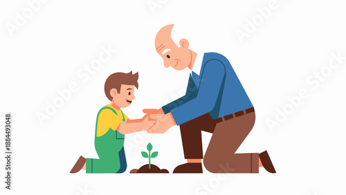 Grandfather and grandson planting a seedling together, symbolizing growth, legacy, and environmental care