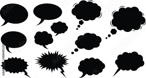 Speech bubble icons set, comic dialog and thought clouds, chat message shapes, cartoon communication symbols, black silhouette vector illustration pack