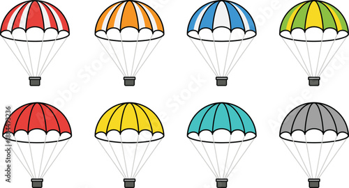 Colorful parachute set illustration featuring eight vibrant canopy designs isolated on white background, suitable for aviation concepts, skydiving graphics, children education, adventure themes, and 