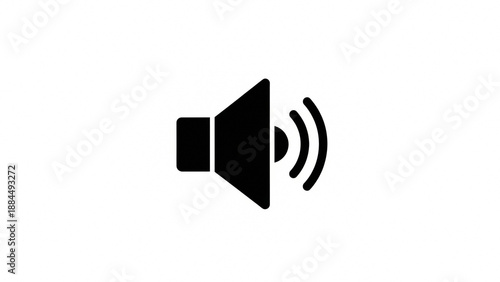 A minimalist black speaker icon with sound waves emanates from the right on a clean white background.