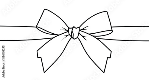 Simple black and white illustration of a bow tied around a straight ribbon. The bow is centered with wide loops and long, pointed tails, conveying elegance.