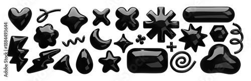 A collection of 3D vector shapes and symbols in black color. This 3D set includes lightning bolts, stars, clouds, raindrops, triangles, plus signs, rectangles, and lines.