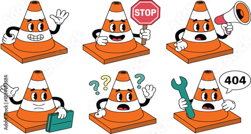 Cartoon traffic cones show six different emotional states and actions clearly.