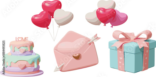 Celebration Elements Illustration Set Featuring Heart Balloons, Decorative Cake, Gift Box, and Envelope with Arrow in Festive Vector Style