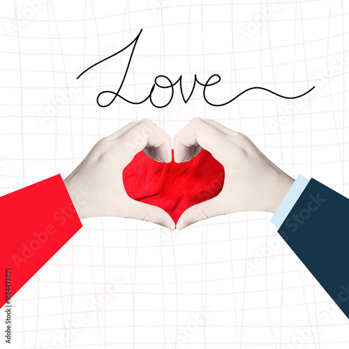 Valentine's Day poster. holiday of lovers. beautiful collage-style poster. hands holding a heart. love. heart. cute hearts. vector.