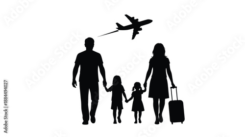 a family of four walking with a suitcase an airplane flying above silhouette