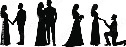Romantic couple silhouette collection showing love proposal engagement and wedding moments holding hands embracing black vector illustration set