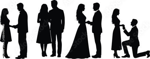 Romantic couple silhouette collection illustrating love proposal engagement and wedding moments holding hands embracing black vector illustration set