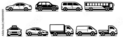 Graphic transportation icons set featuring sedans, suvs, vans, a bus, and trucks for travel and logistics concepts