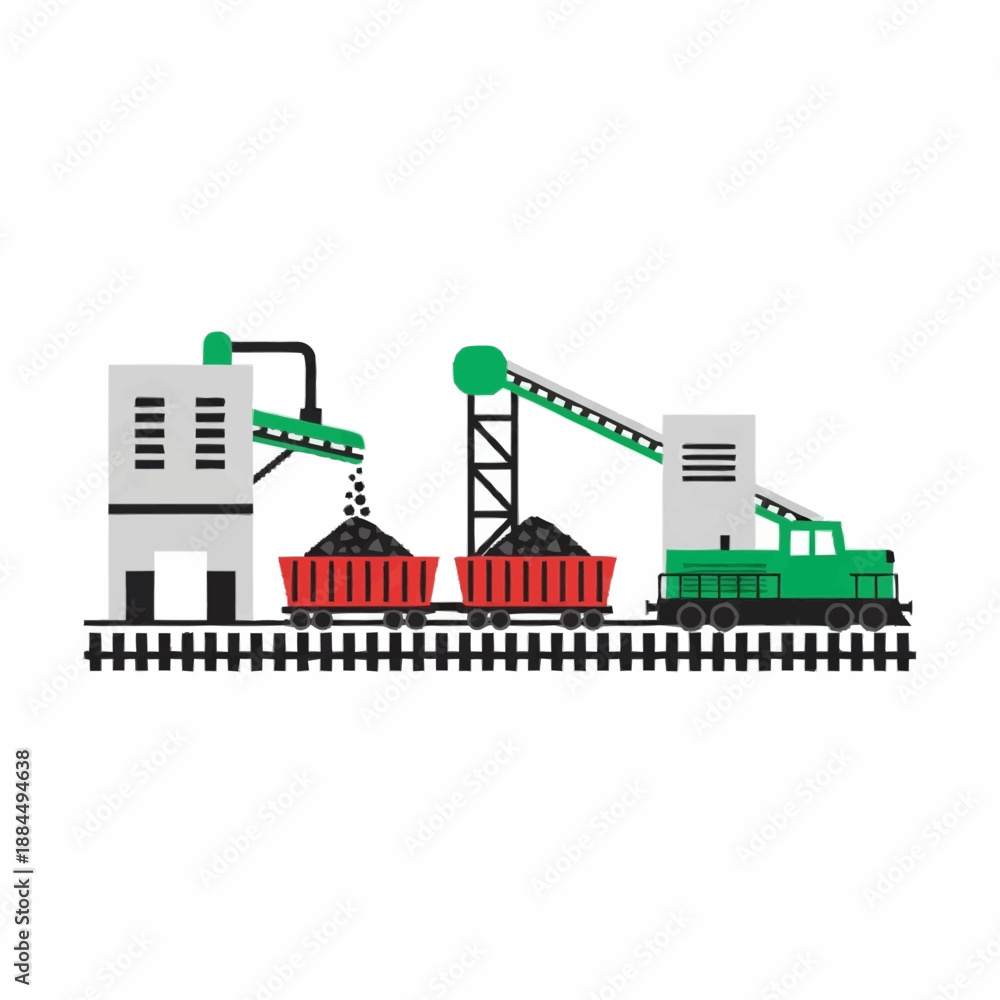 Obraz premium Industrial coal loading facility with train cars and locomotive.