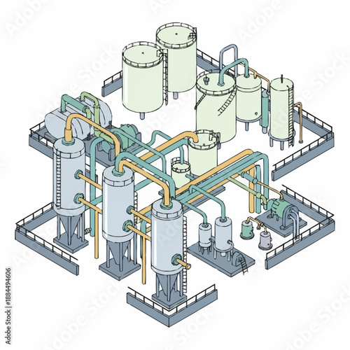 Industrial Chemical Processing Plant Equipment Illustration.