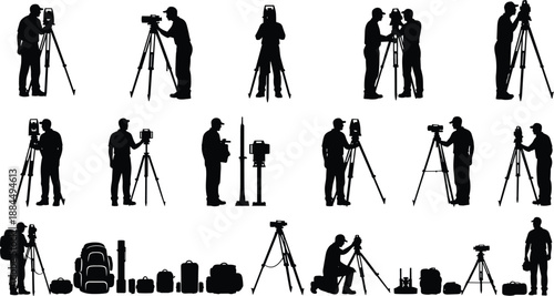 Photographer and videographer silhouette collection showing camera operators tripods equipment and filming workflow for professional media production vector set
