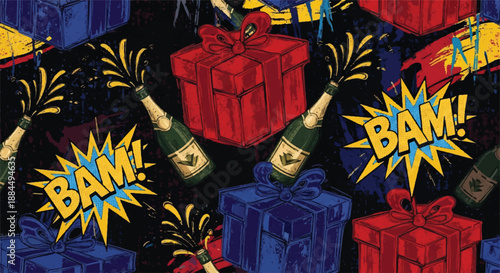 Comic Book Style Birthday Pattern with Champagne Explosions and Gift Boxes Pop Art
