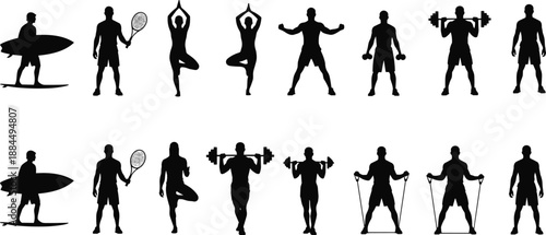 Sport and fitness silhouette collection featuring surfing tennis yoga strength training resistance bands and workout poses for active lifestyle black vector illustration